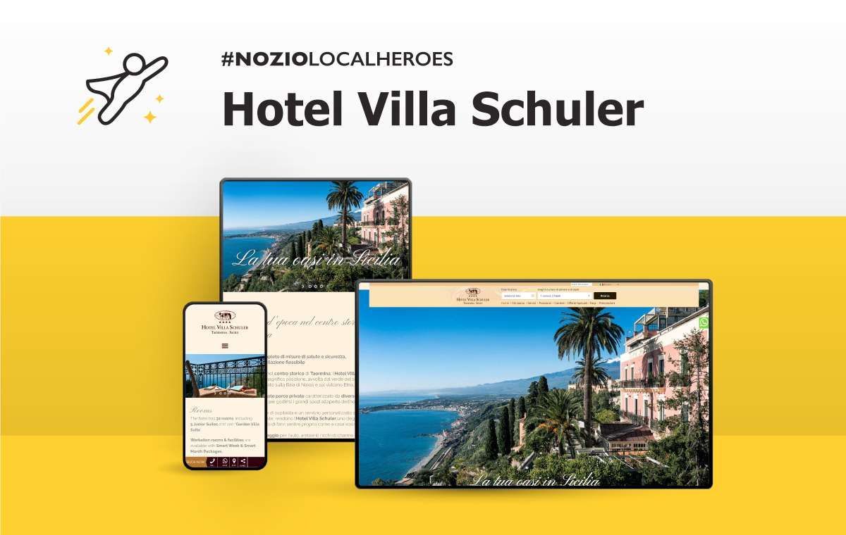 Sito web dell'Hotel Villa Schuler visualizzato su telefono, tablet e laptop. Sfondo con vista sul Mediterraneo.