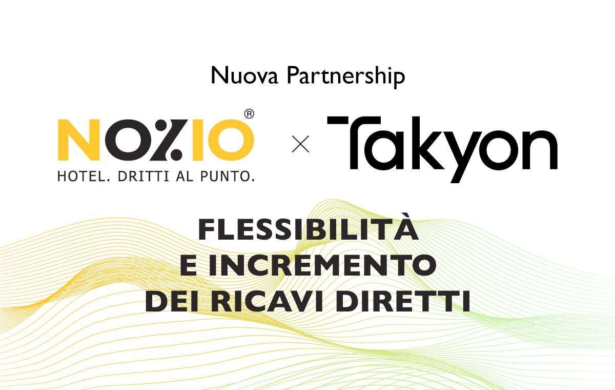 Logo che annuncia la partnership tra NOZIO e Takyon, che promuove flessibilità e aumento dei ricavi diretti.