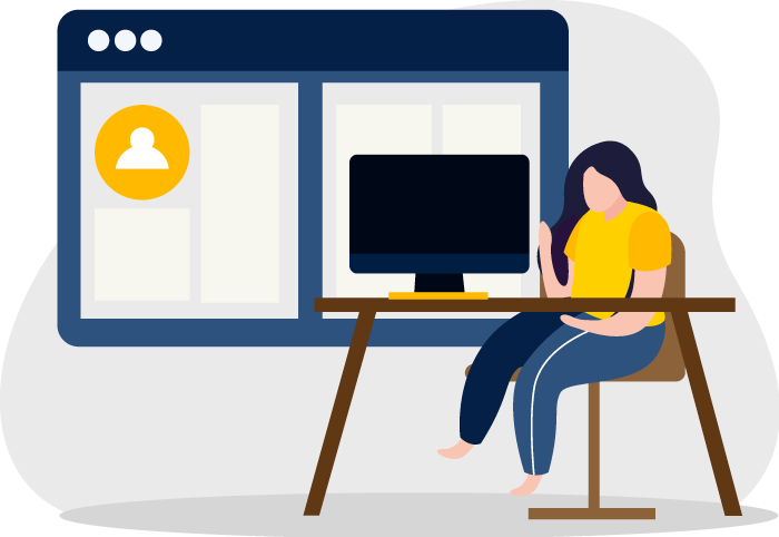 Donna che lavora alla scrivania davanti a un computer, con una finestra di un sito web visibile dietro di lei