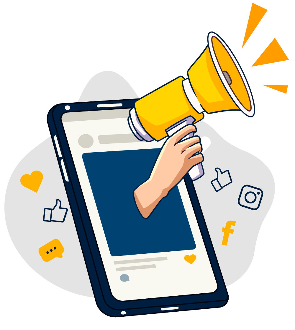 Smartphone con mano che regge un megafono giallo, circondato dalle icone dei social media.