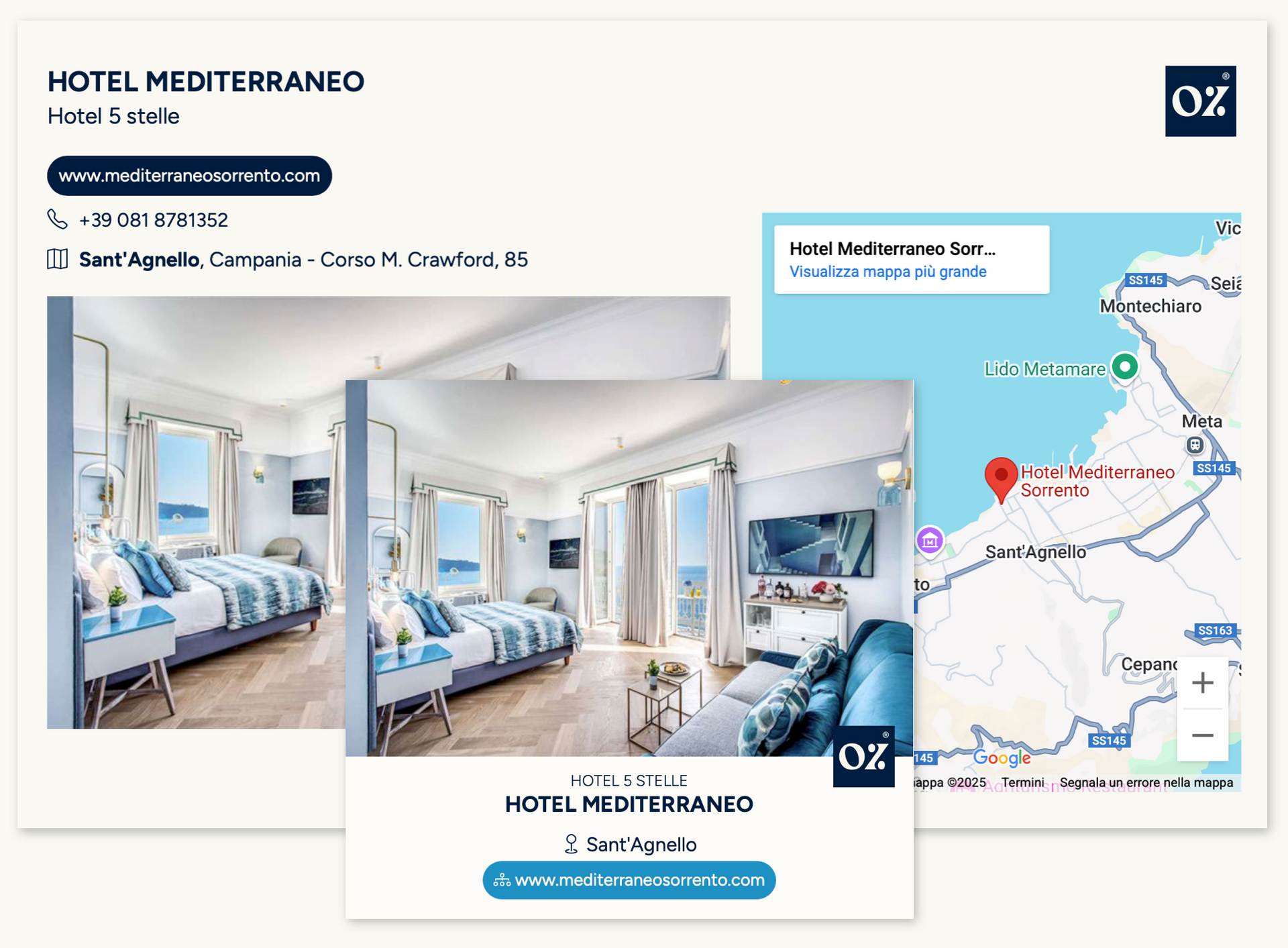 Pubblicità dell'Hotel Mediterraneo: camera d'albergo, mappa della posizione, informazioni di contatto e logo.