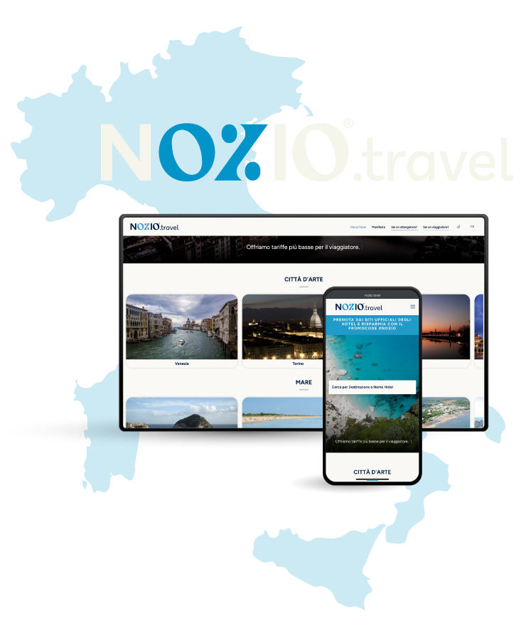 Sito web Nozio.travel visualizzato su tablet e smartphone, mappa italiana sullo sfondo.