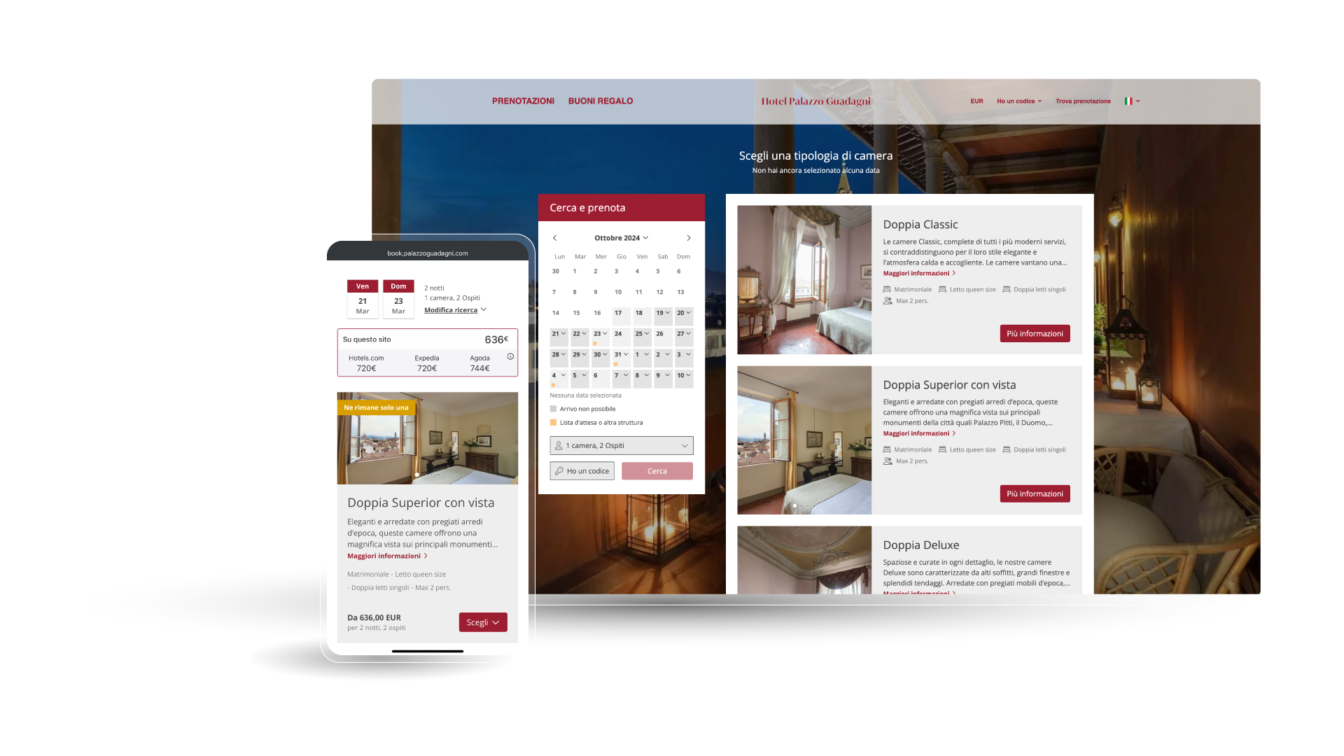 Interfaccia del booking engine per hotel Nozio V3R su dispositivi desktop e mobile