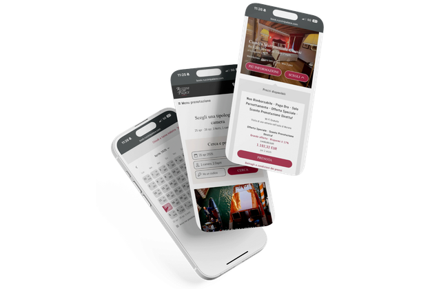 Tre smartphone che mostrano schermate di app, calendario, dettagli di eventi e foto.