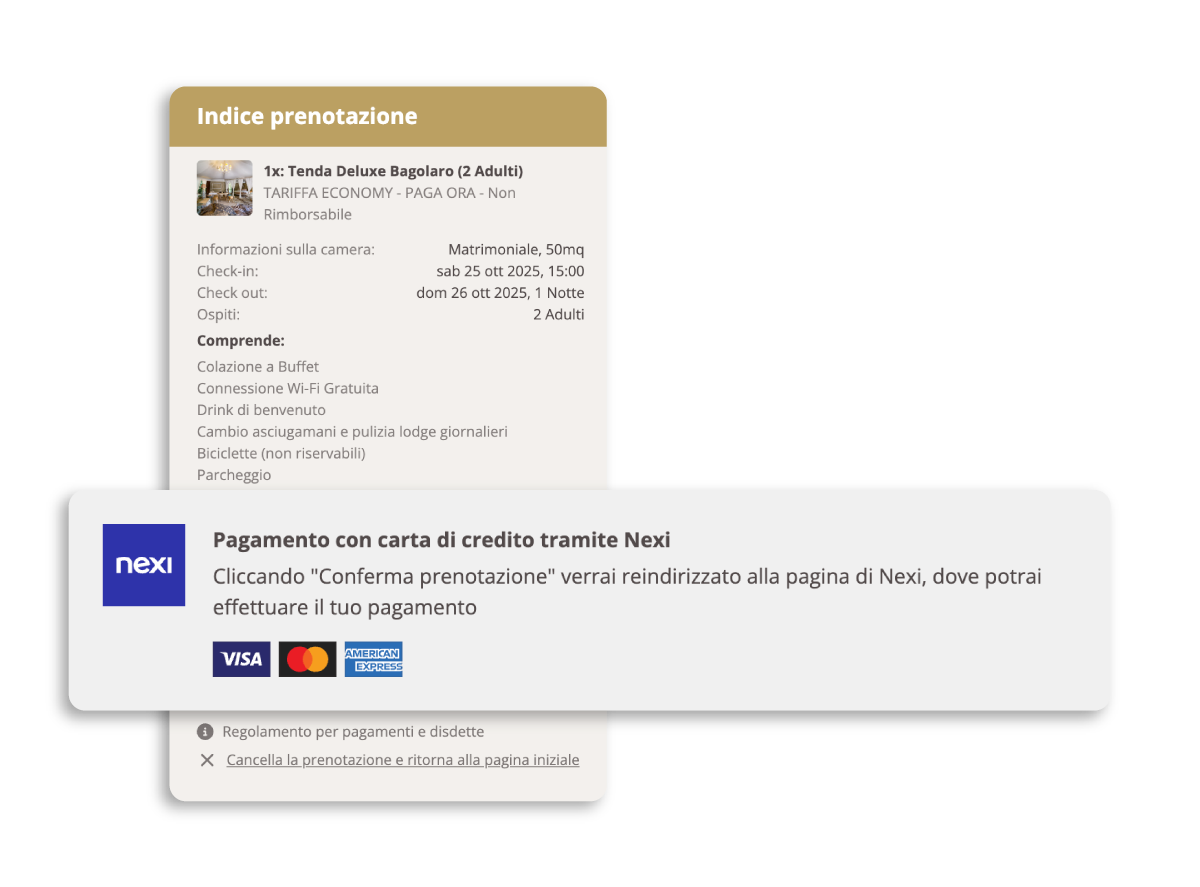 Selezione del metodo di pagamento: opzione carta di credito Nexi, include i loghi delle carte di credito.