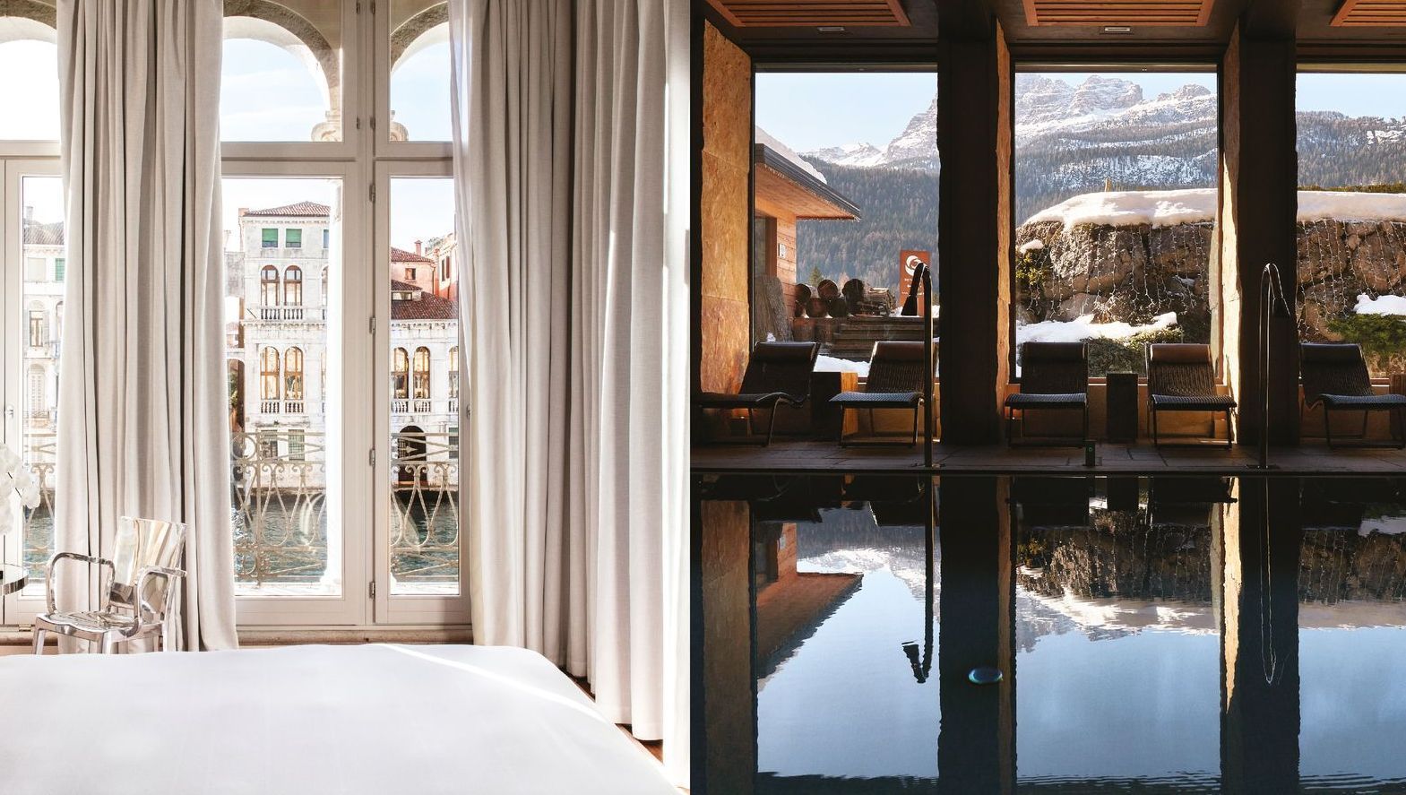 A sinistra: stanza luminosa con finestra che si affaccia sulla città. A destra: piscina con vista sulle montagne.