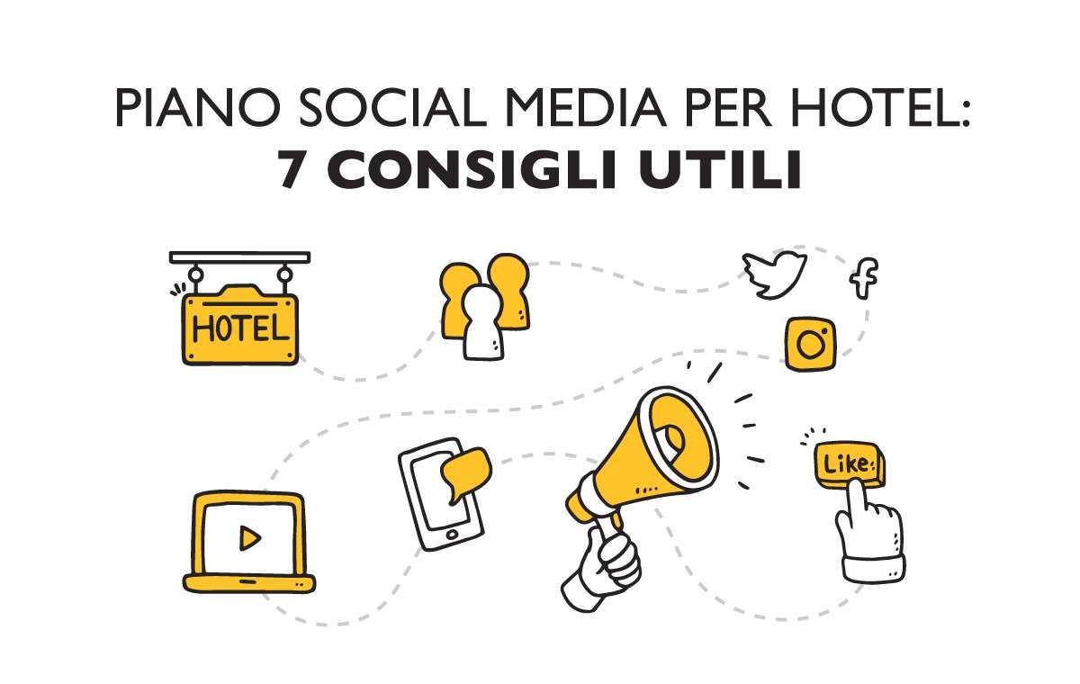 Illustrazione sui suggerimenti per i social media per gli hotel, con icone, un megafono e 