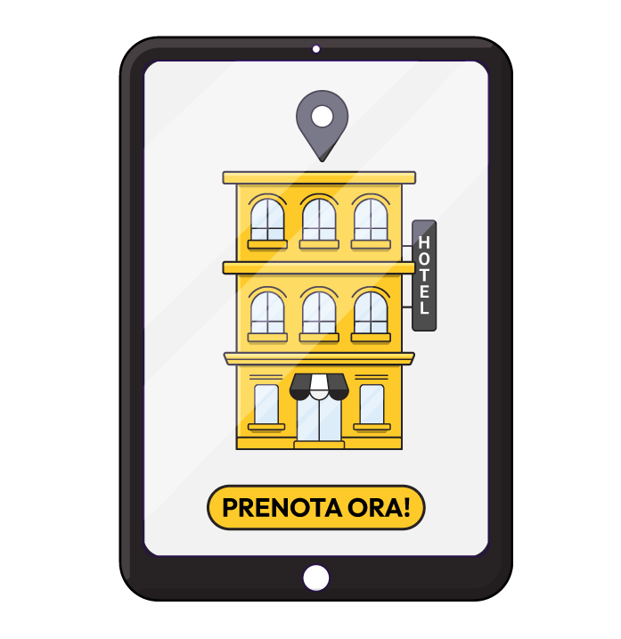 Tablet con icona dell'hotel, segnaposto e pulsante 