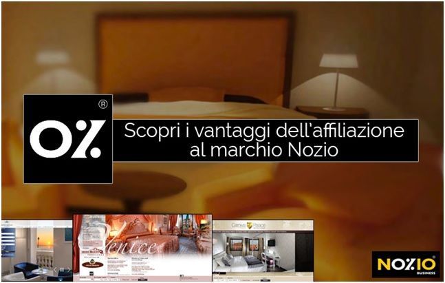 Pubblicità per l'affiliazione alberghiera Nozio, con camera d'albergo, logo e vantaggi.