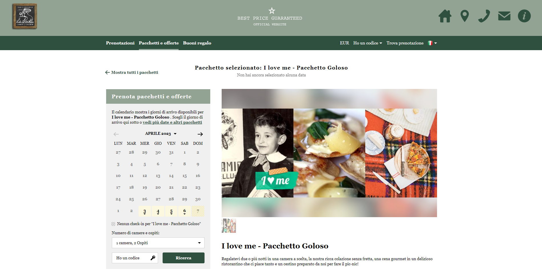 Sito web con un calendario, una foto di una donna e dei piatti.