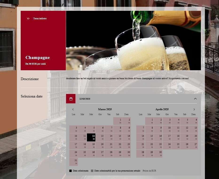 Pagina web per la prenotazione di champagne con un calendario che mostra le date di marzo e aprile.