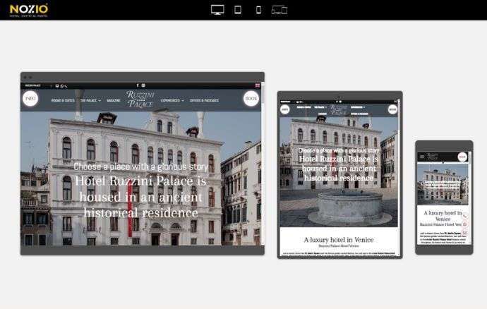 Il design del sito web mostra la reattività su desktop, tablet e dispositivi mobili. È raffigurato un edificio veneziano.