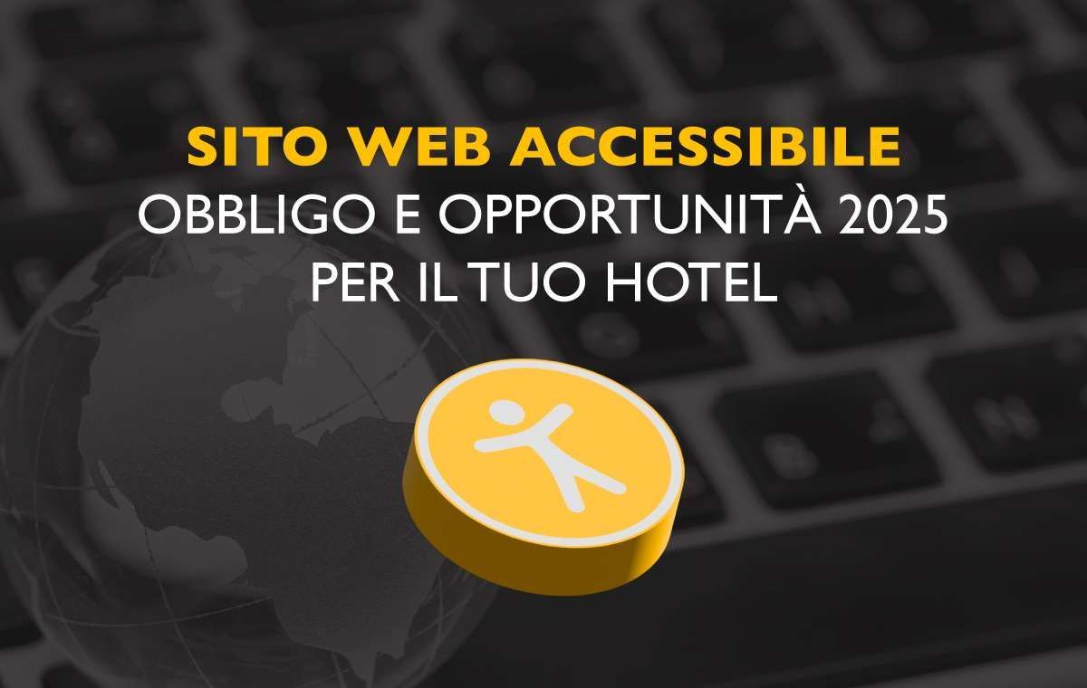 Icona gialla di accessibilità, testo sui siti web accessibili per gli hotel, con tastiera e globo sullo sfondo sfocati.
