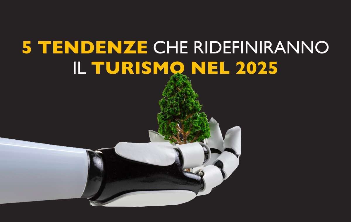 Mano robotica che regge un piccolo albero. Testo: 