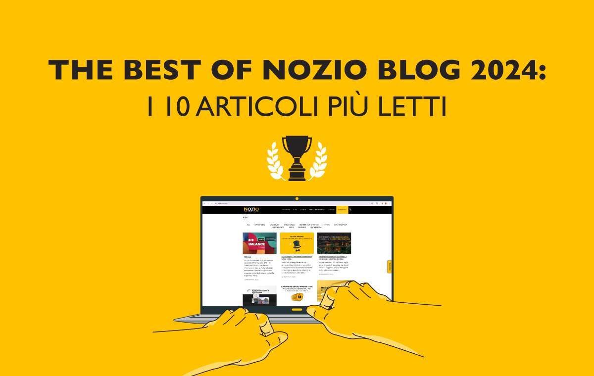 Grafica gialla: computer portatile che mostra un sito web, mani che scrivono, icona trofeo, testo.