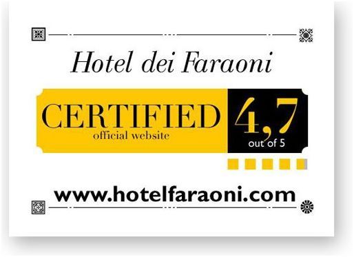 Certificato Hotel dei Faraoni: Certificato 4,7 stelle su 5. Sito web ufficiale. Incluso l'indirizzo del sito web dell'hotel.