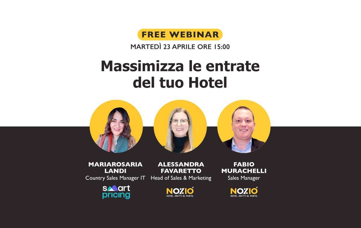 Webinar ad for a hotel, featuring speakers Maria Rosaria Landi, Alessandra Hivaretto, and Fabio Muracchioli.