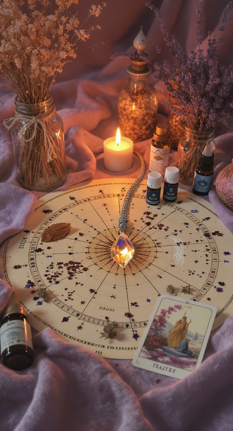 Mujer sosteniendo un péndulo para adivinar, con una blusa blanca sin mangas. Enfoque suave con plantas y velas.