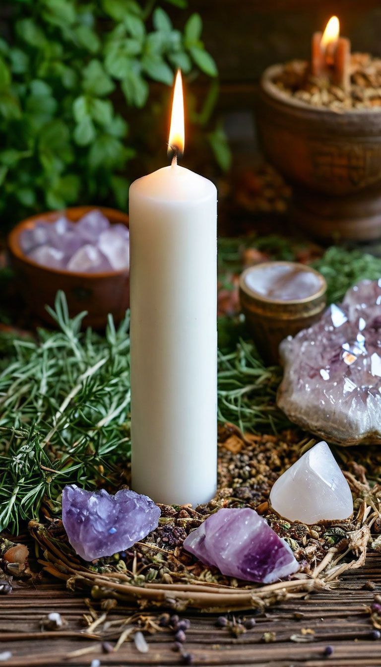 Bandeja dorada con vela encendida, frascos decorativos y velas en forma de conchas.