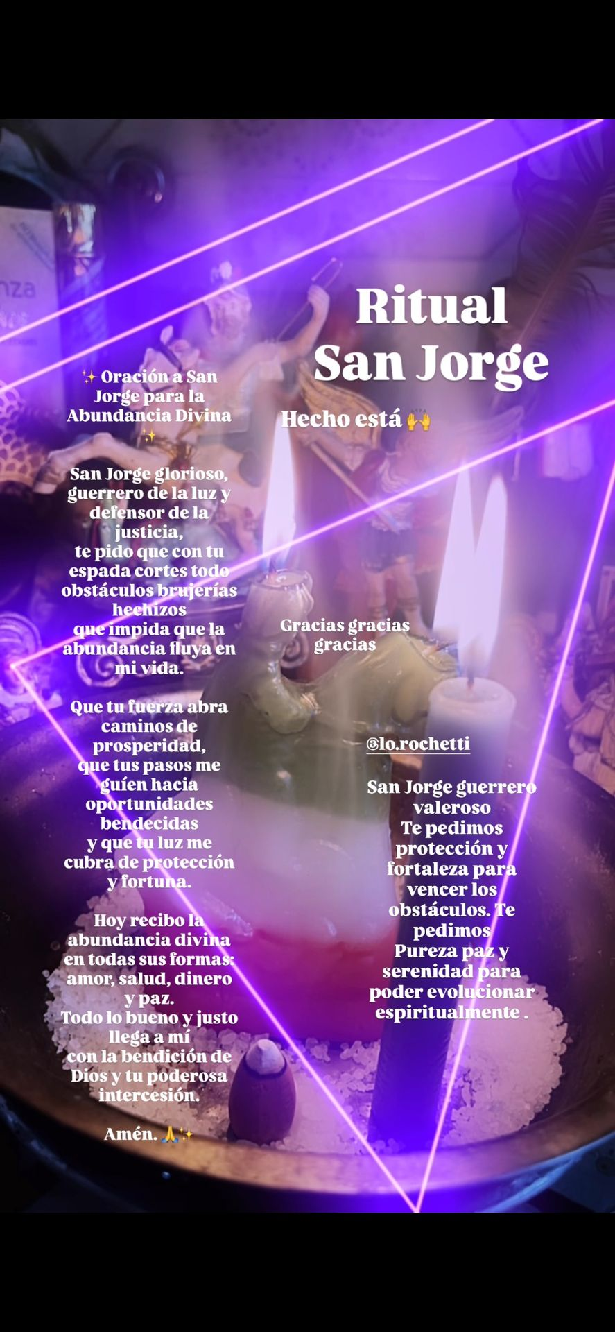 Un ritual con velas encendidas y texto, probablemente relacionado con San Jorge, ambientado en un entorno místico iluminado con luz violeta.