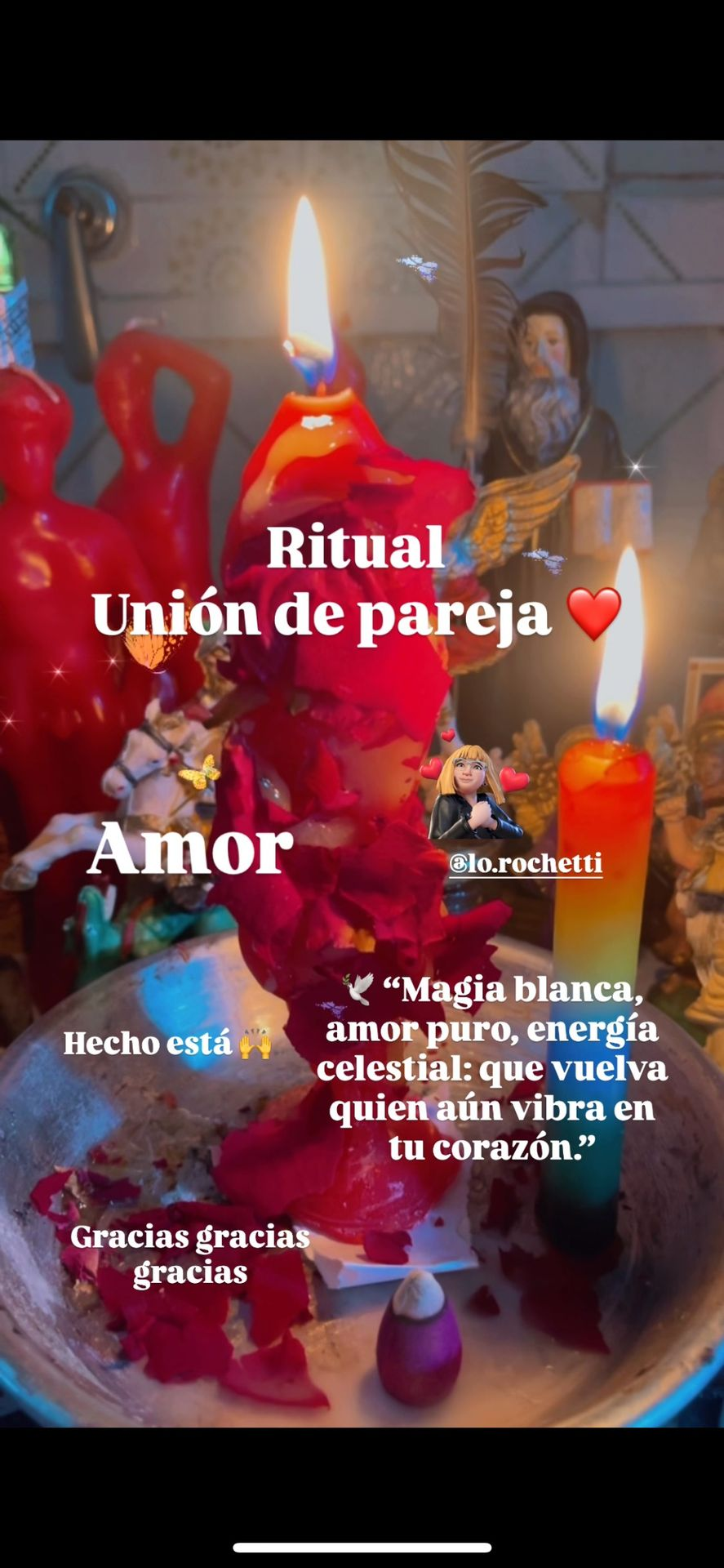 Ritual para unión de pareja con velas rojas y texto.