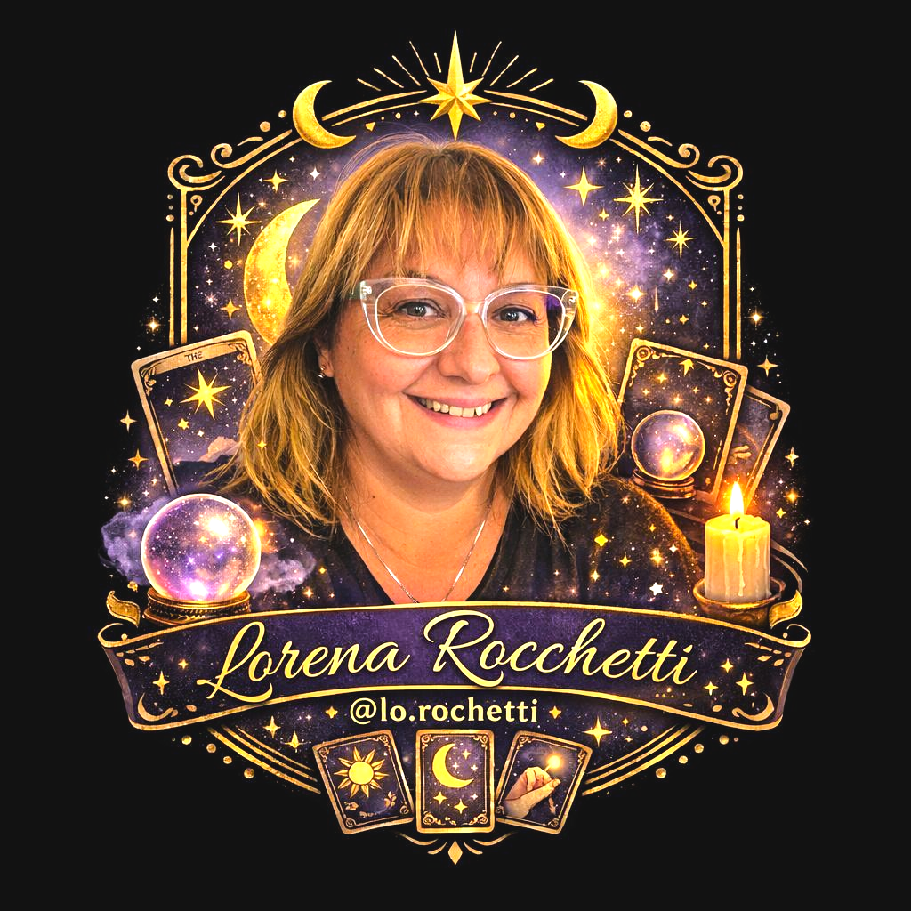 Logotipo de Lorena Rocchetti: Una luna creciente con un sombrero de bruja, una mano, estrellas y un fondo morado suave.