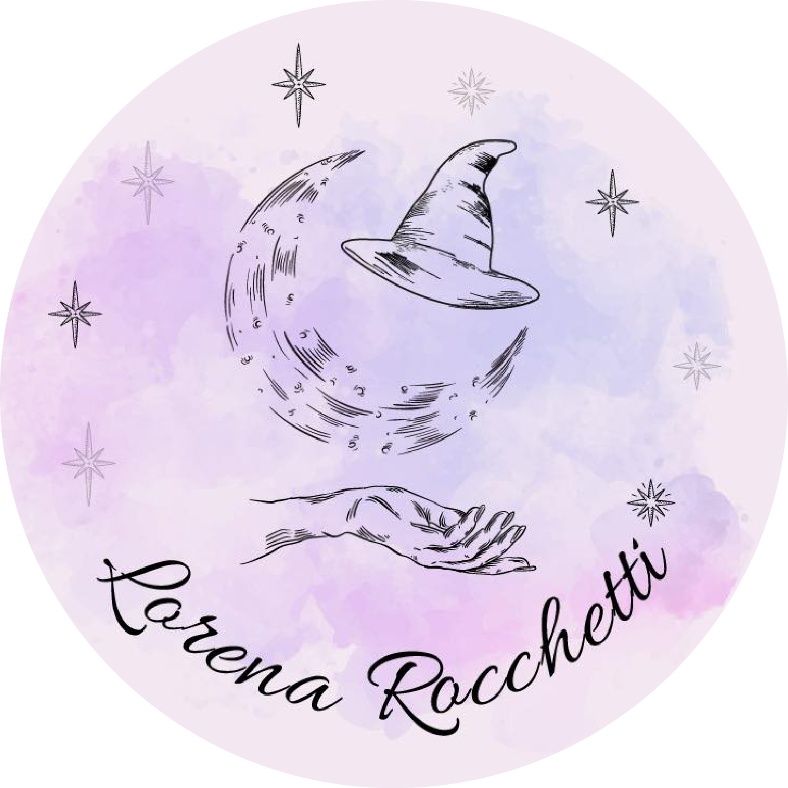 Logotipo de Lorena Rocchetti: Una luna creciente con un sombrero de bruja, una mano, estrellas y un fondo morado suave.