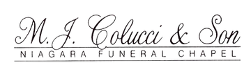 Logo for M.J. Colucci & Son Niagara Funeral Chapel. Script text with a double underline.