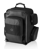 Black backpack with multiple compartments and a top handle. It has a logo on the front and two side pockets.