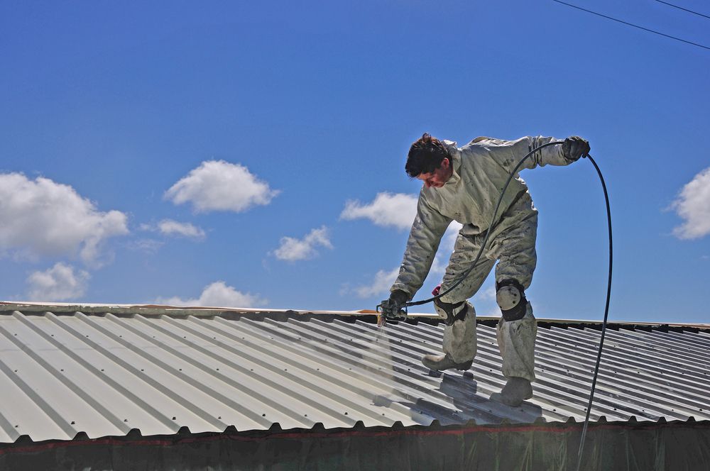 Person In Protective Suit Spraying A Metal Roof Under A Blue Sky With Clouds — TMP Painting Services in Bucasia, QLD