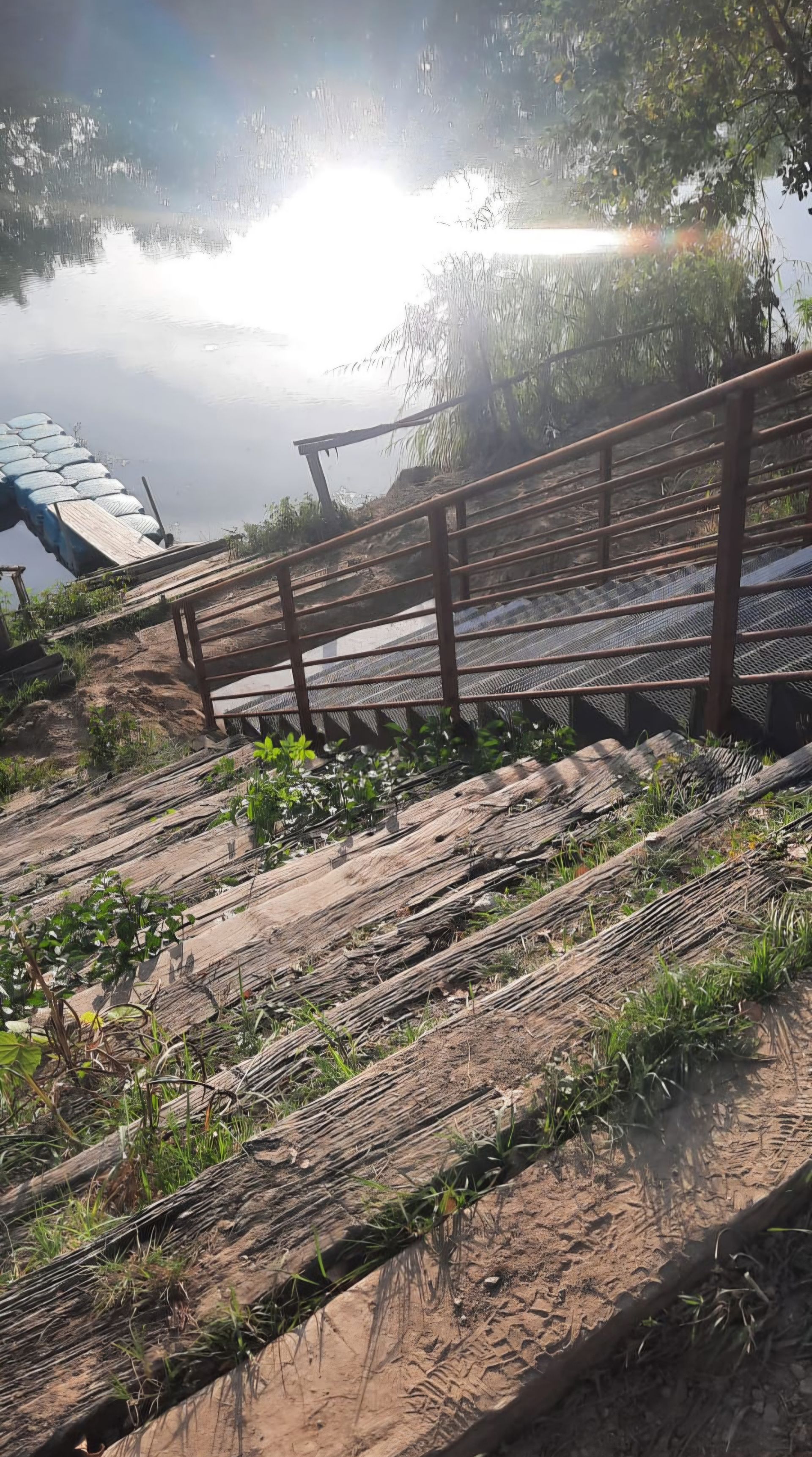 Gradini in legno che conducono a una piattaforma con una recinzione di bambù, con la luce del sole sullo sfondo.