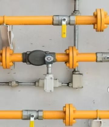 Yellow gas pipes with valves and fittings against a gray wall.