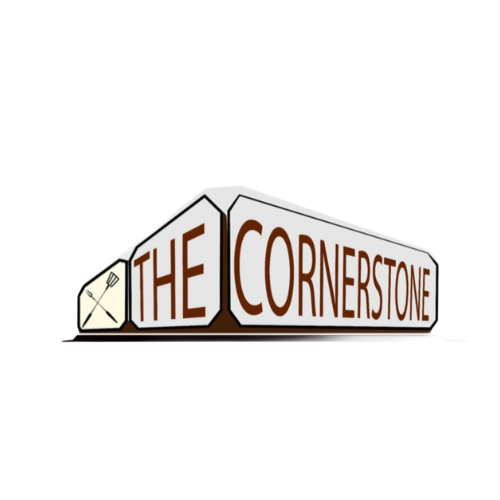 Reclamebord voor restaurant "The Cornerstone", met daarop een vork- en spatelsymbool.