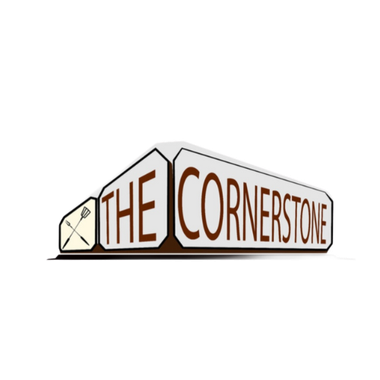 Reclamebord voor restaurant "The Cornerstone", met daarop een vork- en spatelsymbool.