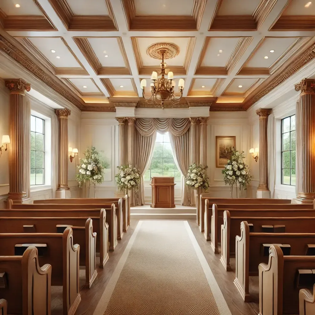 A classic wooden chapel with pews lining a center aisle, leading to an altar with floral arrangements and draped curtains.