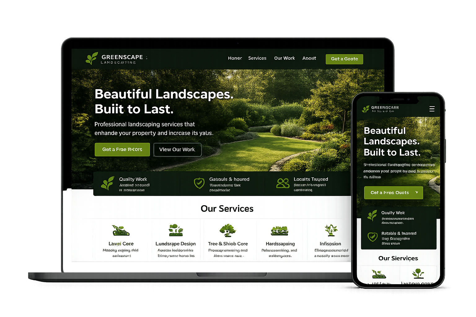 Landscape website mockup on laptop and phone with green nature hero image and service icons