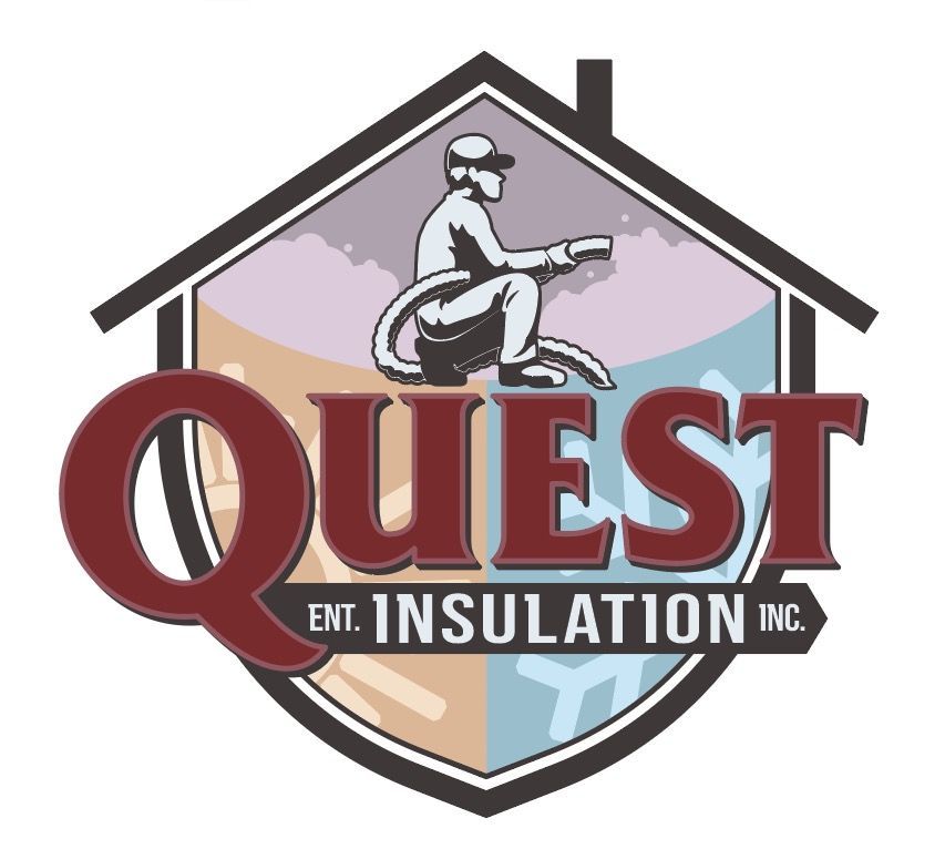 Logo for Quest Ent. Insulation Inc.: man spraying insulation, house outline, text "QUEST" in red, four color sections.