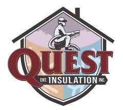 Logo for Quest Ent. Insulation Inc.: man spraying insulation, house outline, text "QUEST" in red, four color sections.
