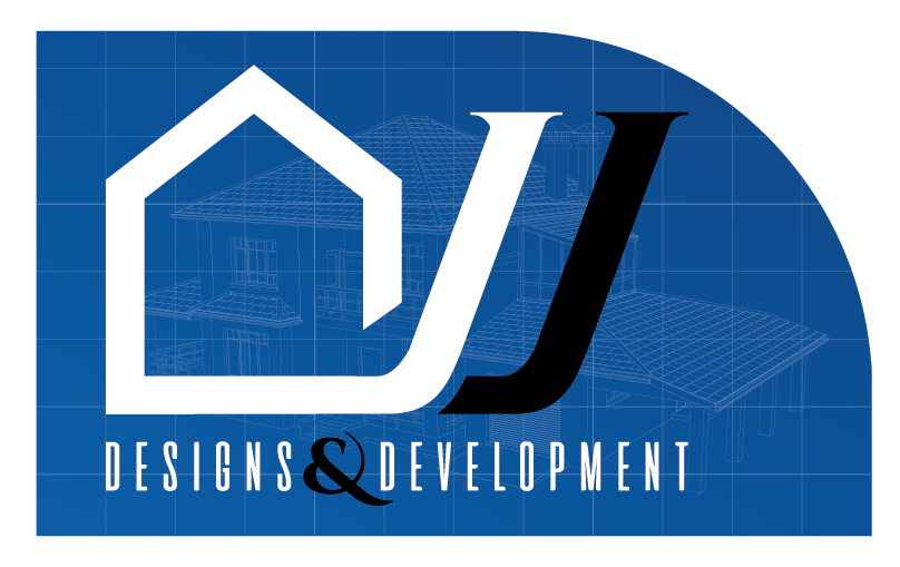 A blue and white logo for JJ Designs & Development.