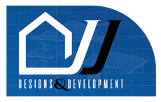 A blue and white logo for JJ Designs & Development.
