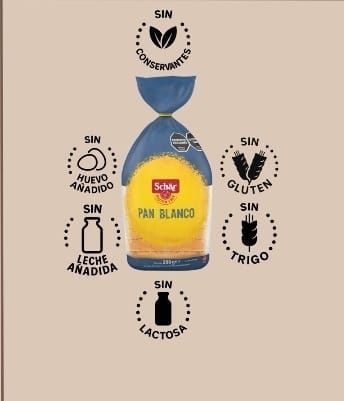Pan blanco Schar con iconos que indican que no contiene conservantes, huevo, gluten, trigo, leche ni lactosa.