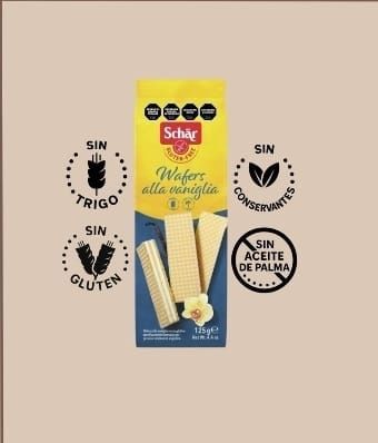 Un paquete de galletas de vainilla Schär con iconos que indican q