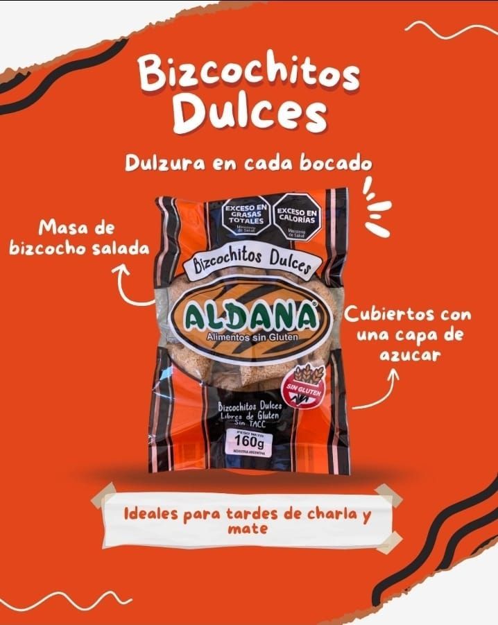 Anuncio de galletas dulces Aldana en envase naranja, descritas