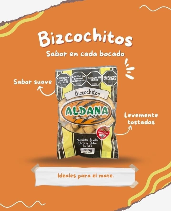 Anuncio de producto de Aldana Bizcochitos sobre un fondo naranj