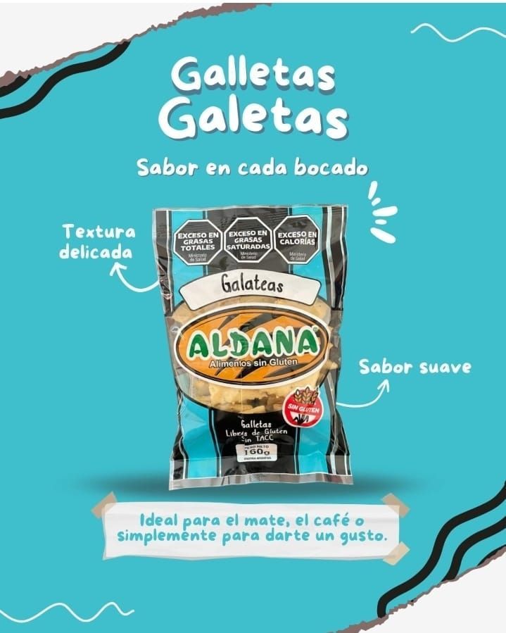 Anuncio de galletas de la marca Aldana sobre un fondo turquesa