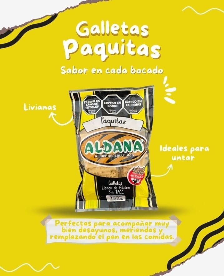 Un anuncio de galletas sin gluten Aldana Paquitas sobre un fondo amarillo, que destaca que son ligeras y fáciles de untar.