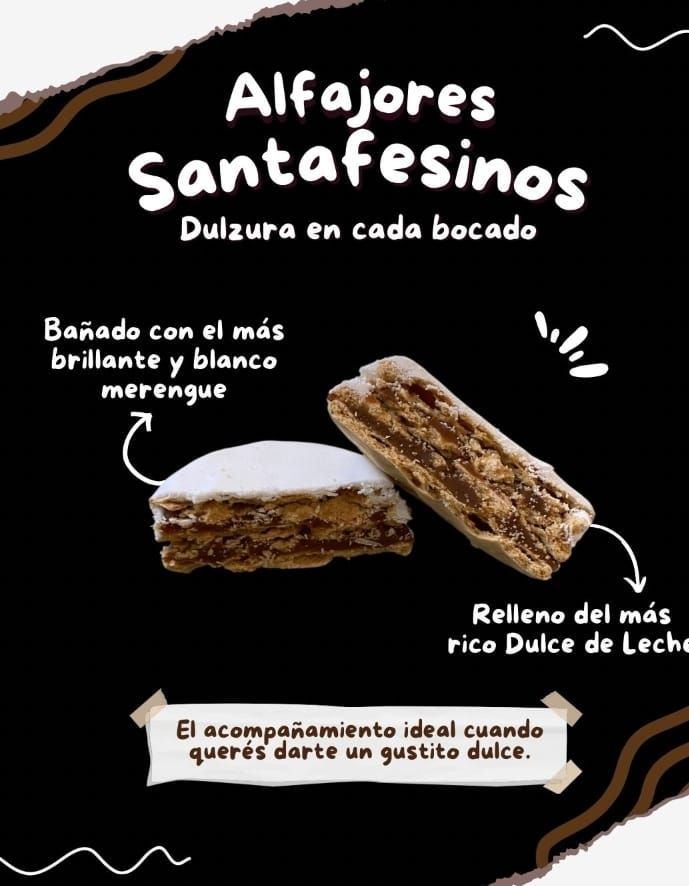 Un anuncio de Alfajores Santafesinos que muestra dos galletas cubiertas