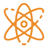 An orange icon of an atom on a white background.