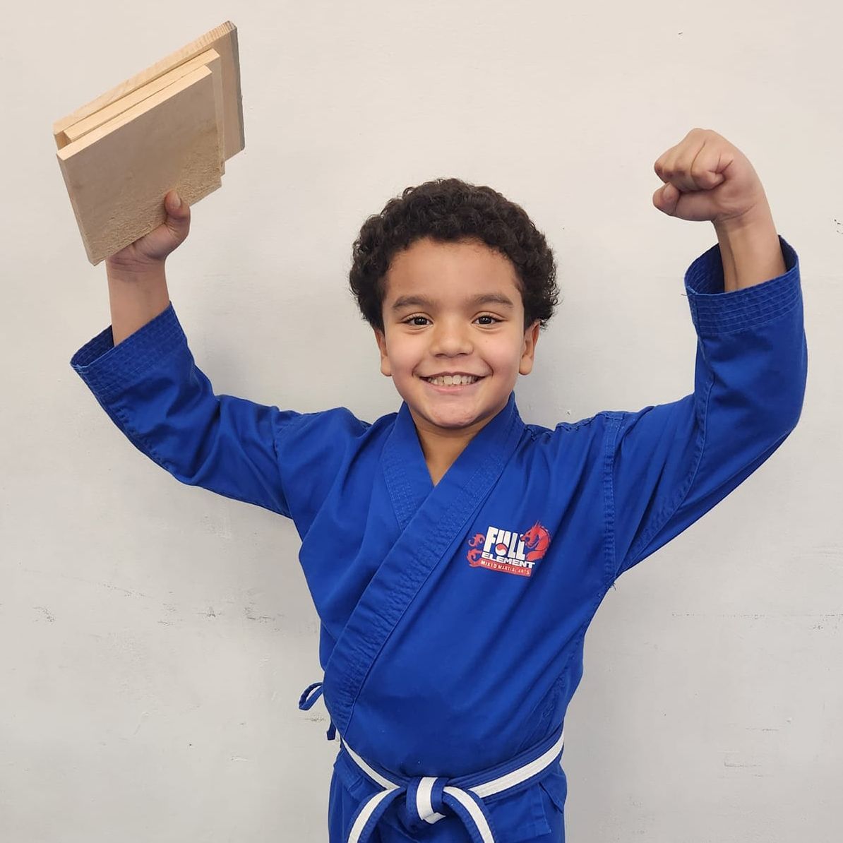 a young boy in a blue karate uniform holds up a wooden block