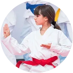 a young girl in a white karate uniform with a red belt is practicing karate .